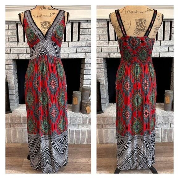 Angie Abstract Tank Bohemian Boho Maxi Sun Dress Black Red Medium Southwestern - Picture 1 of 11